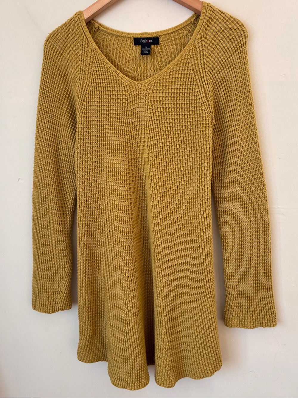Style & Co Fall Mustard Yellow Waffle Knit V-Neck Sweater Tunic Mustard S